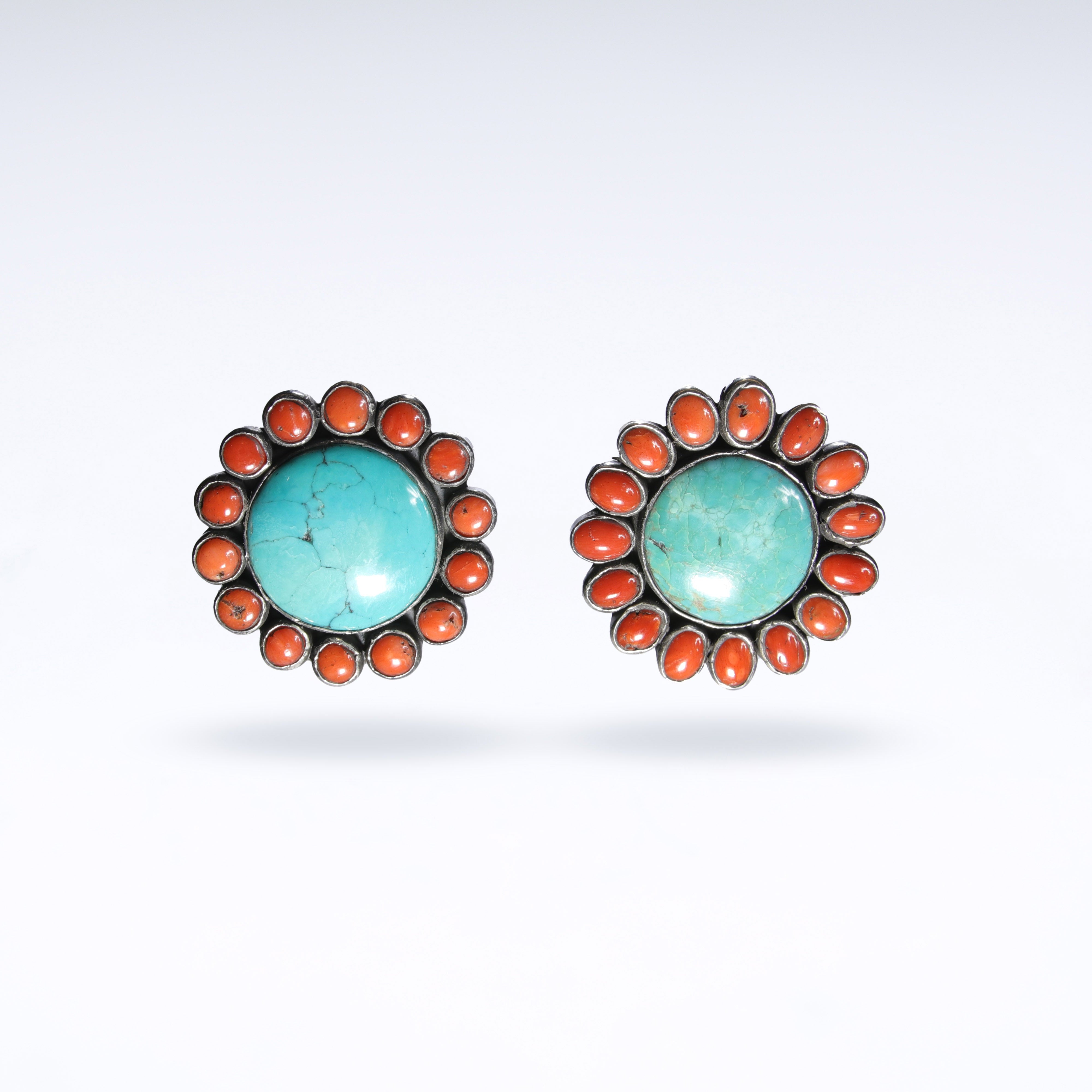 Stunning! Vivid Coral & Blue-green Turquoise Cluster Earrings with Clip Backs