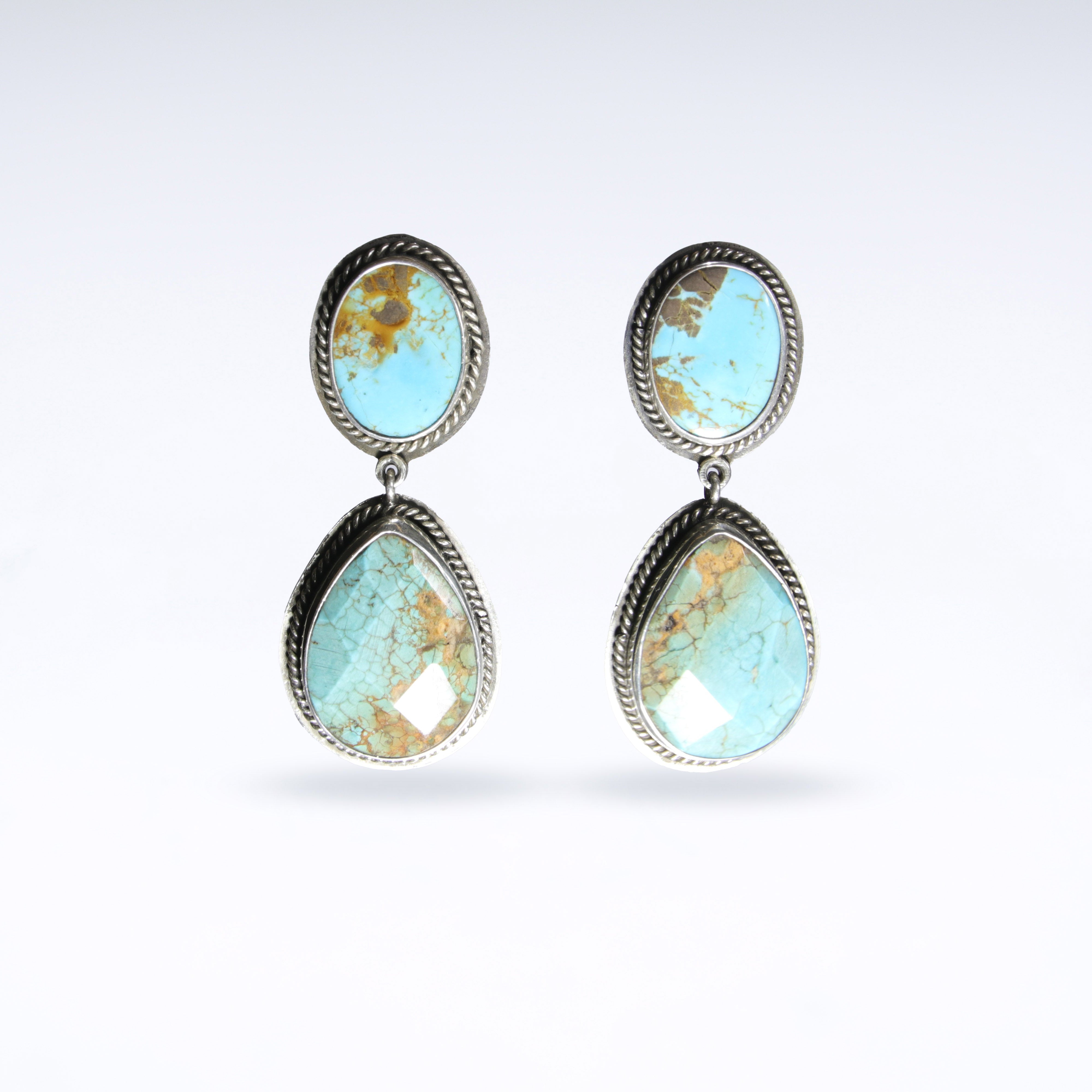 Kingman Turquoise Faceted, 2-Stone Drop Earrings with Clip Backs