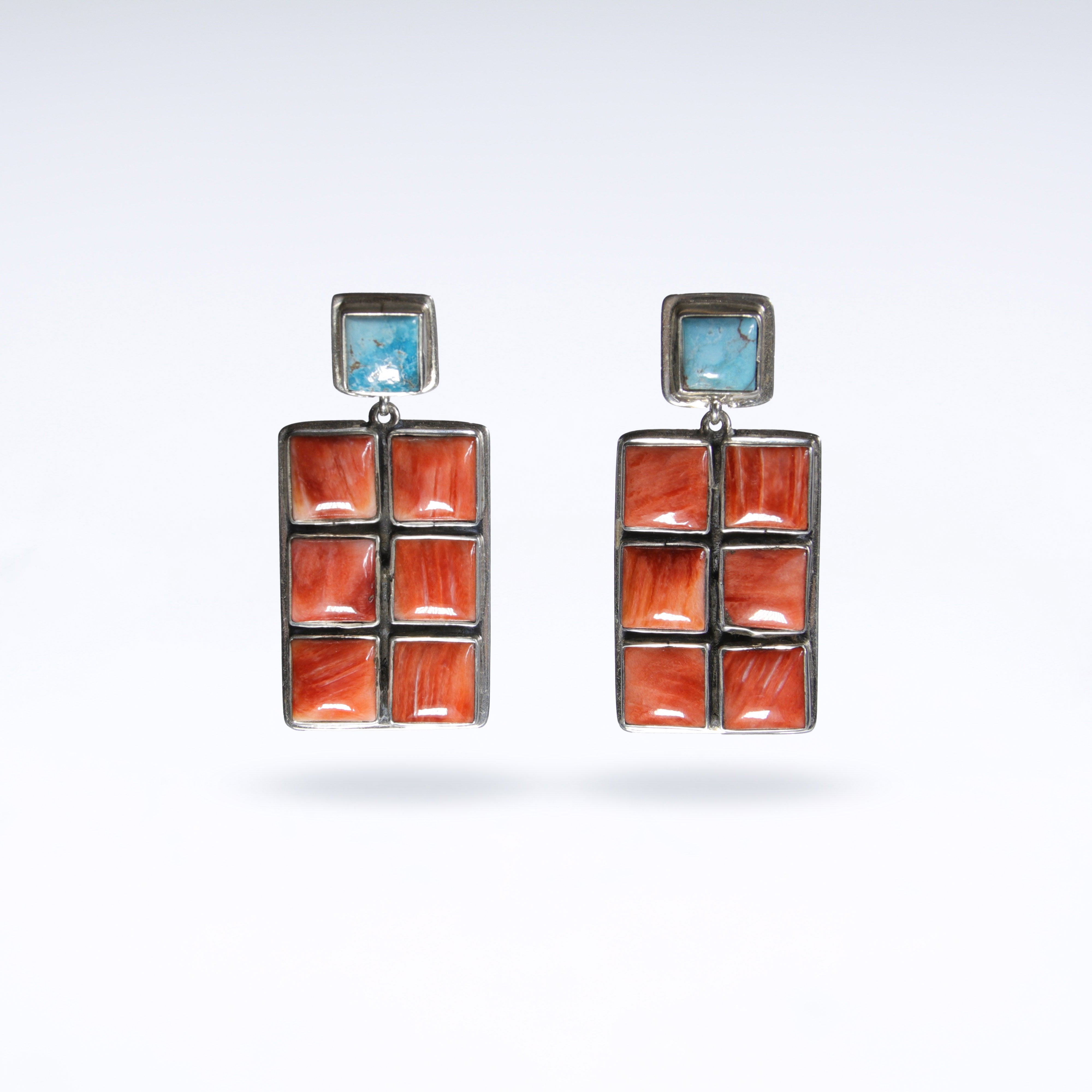 Deep Orange Spiny Oyster Shell + Turquoise Rectangle Earrings