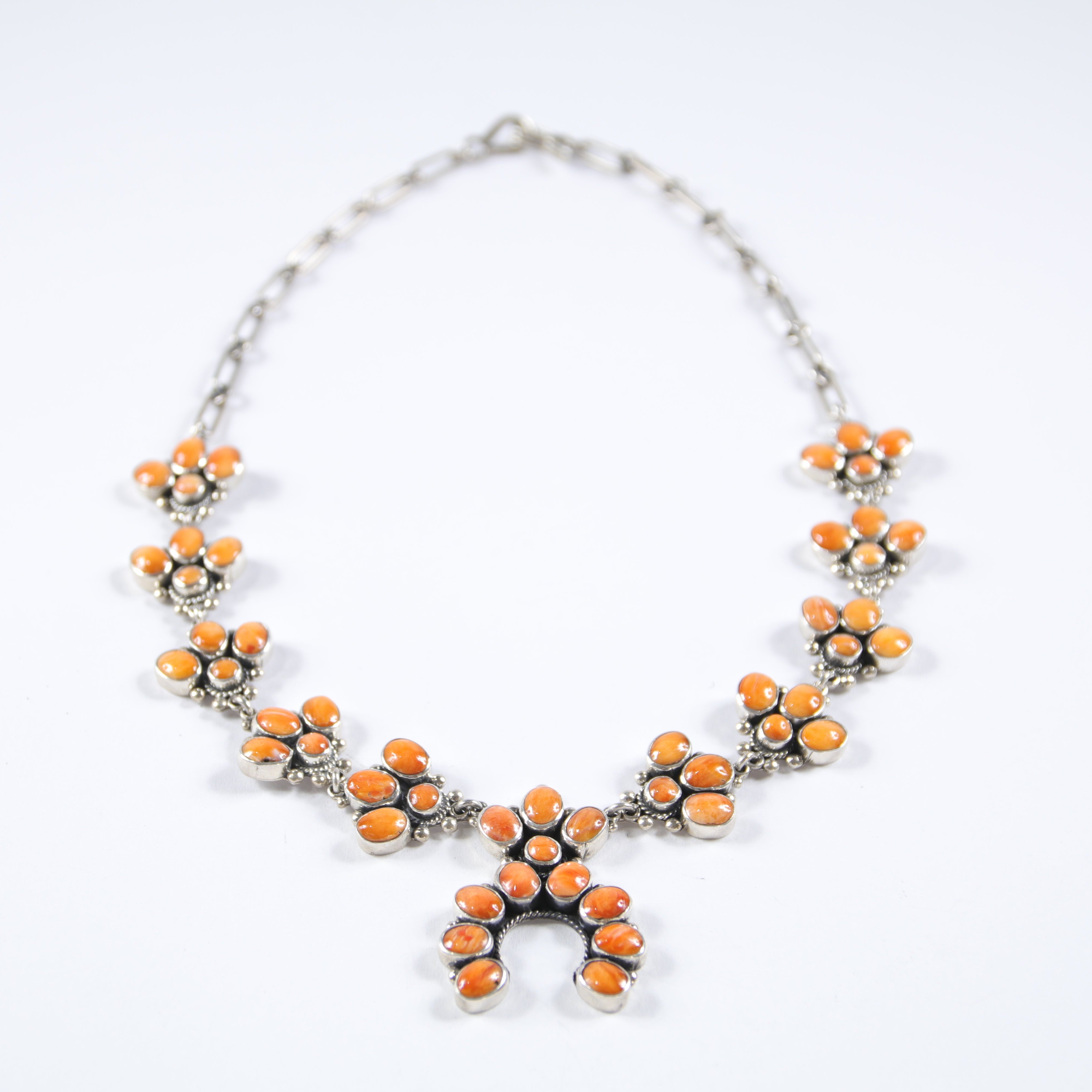 Orange Spiny Oyster Shell Squash Blossom Necklace